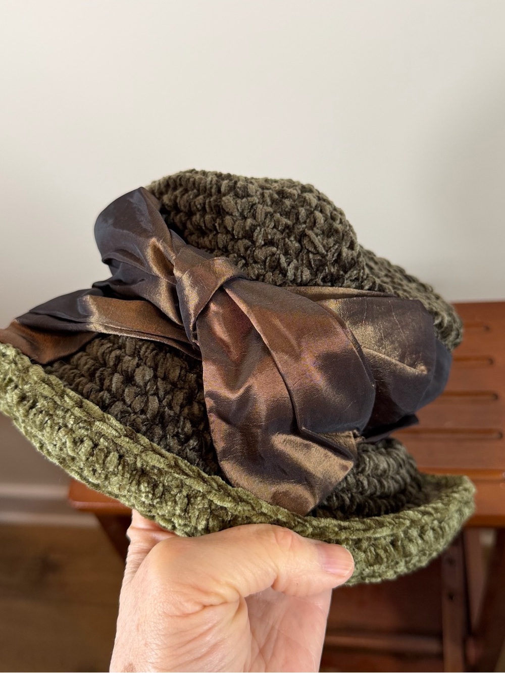 Vintage Handcrafted Olive Chenille Bucket Hat Satin Bow Accent by Kate Sheckler - Picture 5 of 5